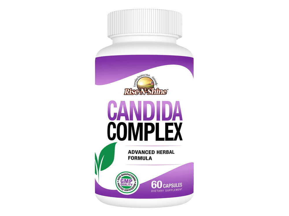 Rise-N-Shine candida supplement bottle supports daily gut balance.