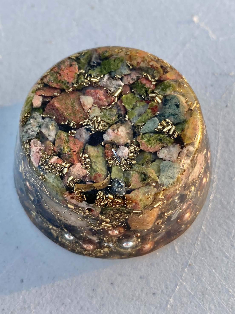 Rise Perspective Unakite Orgone Tower Buster with crystals for balanced energy