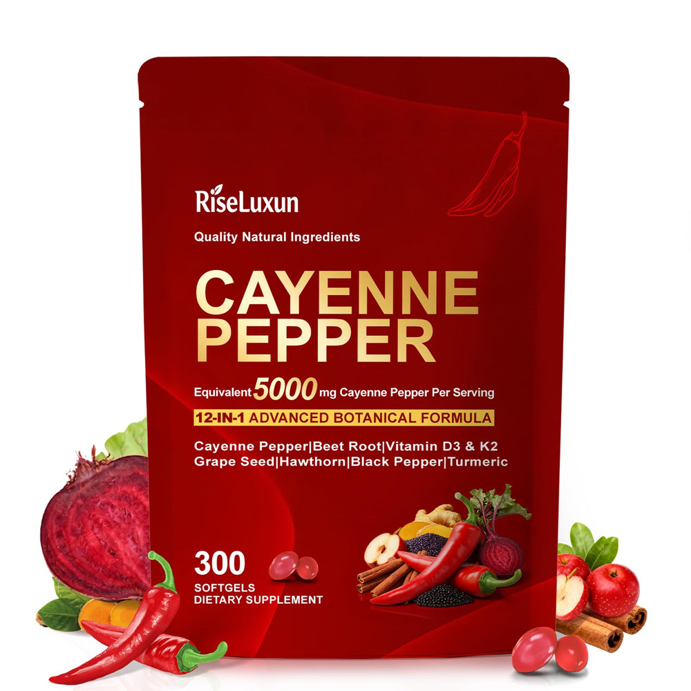 RiseLuxun Cayenne Softgels bottle with 12-in-1 blend for daily vitality.