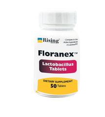 Rising Floranex tablets bottle front label, probiotic digestive balance