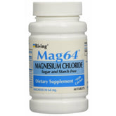 Rising Mag64 magnesium chloride with calcium tablets bottle close-up, supporting daily mineral intake