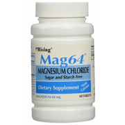 Rising Mag64 magnesium chloride with calcium tablets bottle close-up, supporting daily mineral intake