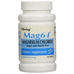 Rising Mag64 magnesium chloride with calcium tablets bottle close-up, supporting daily mineral intake