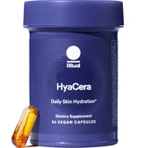 Ritual HyaCera bottle label highlights traceability and gluten-free formulation for skin support.