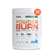 RIVAL NUTRITION Powder Burn Blue Raspberry tub showcases clean pre-workout energy