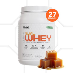 Scoop of RIVAL NUTRITION whey protein powder ready to mix for pre or post workout