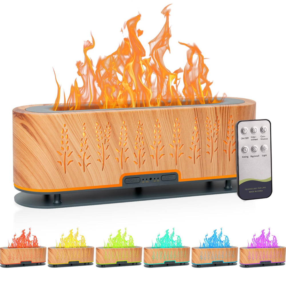 Rivola flame oil diffuser with wood finish for ambient fragrance.
