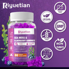 Riyuetian Sea Moss & Elderberry Gummies packaging on display for value and convenience