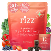 Rizz Low Sugar Green Gummies bottle highlights 60+ superfoods for daily wellness