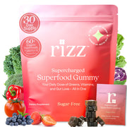 Rizz Sugar-Free Green Gummies bottle showing 60+ superfoods for daily nutrition