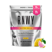 RNWY Extra Mile pink lemonade tub shows a caffeine free pre workout designed for endurance.
