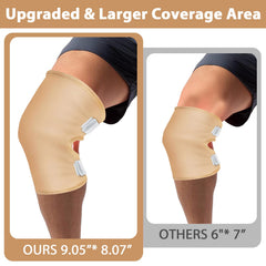 ROBOHOOK Castor Oil Knee Wrap application showing easy Velcro for adjustable fit.