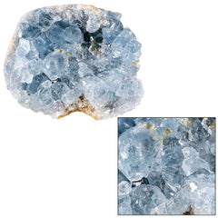 Rockcloud blue celestite cluster on a table, enhances harmony in living rooms.