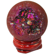 Rockcloud drusy agate geode purple flame aura ball shines on wood stand for desk decor