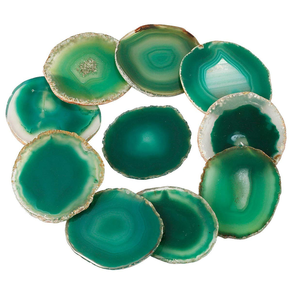 Rockcloud green agate slices, round shapes, ideal for stylish home decor and crafts.