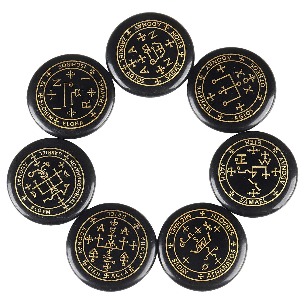 Rockcloud healing crystal seven stones with engraved magic circle for chakra balancing.