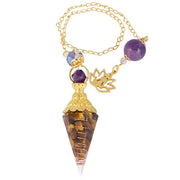 Rockcloud healing crystal point pendulum with Tiger's Eye for balanced chakras and divination.