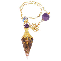 Rockcloud healing crystal point pendulum with Tiger's Eye for balanced chakras and divination.