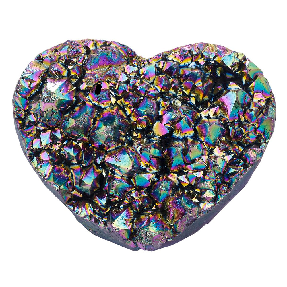 Rockcloud heart-shaped titanium quartz cluster with rainbow facets for meditation and calm energy.