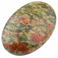 Rockcloud Unakite oval worry stone held in hand for calm focus