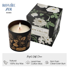 ROMIIE ZOI Rose Noir & Oud candle label closeup; premium soy wax for clean burn.