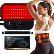 ROMISA cordless red light therapy belt in use on back for targeted relief.