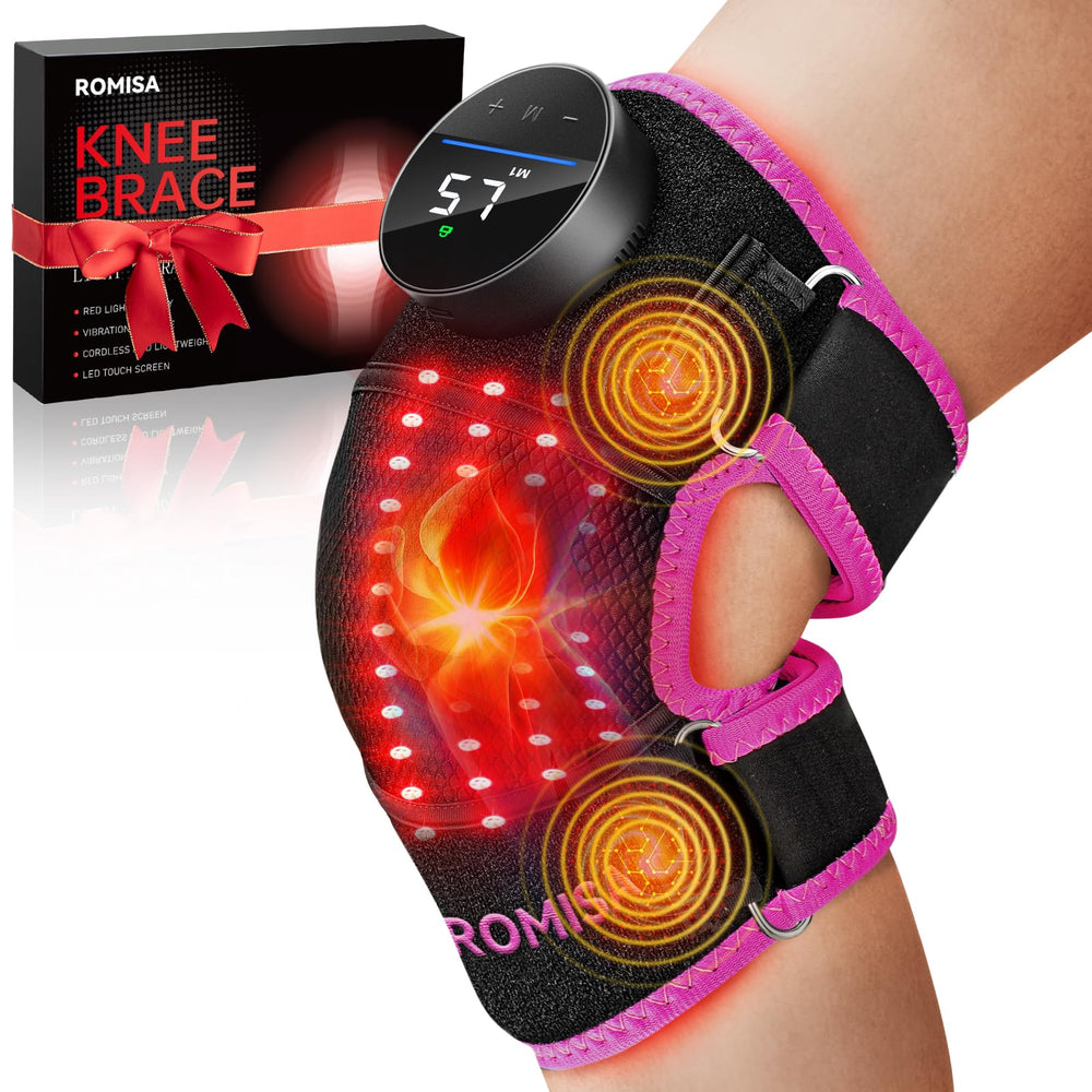 ROMISA knee brace angle view showing sleek, portable design for easy placement and relief
