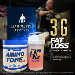 Ronnie Coleman Signature Series Amino-Tone EAAs scoop beside tub emphasizing easy serving