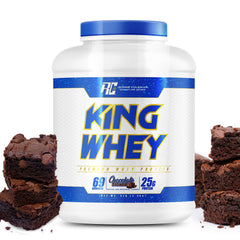 Ronnie Coleman Signature Series whey chocolate brownie powder, front container, supports lean muscle.