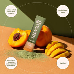 Close-up of the Rookie Wellness Greens bottle label highlighting clean ingredients and probiotic blend.