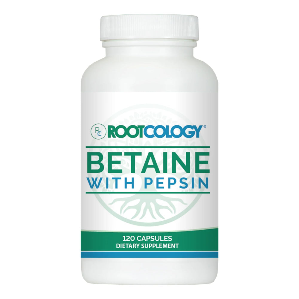 Rootcology Betaine with Pepsin bottle front supports protein digestion after meals.