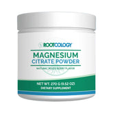 Rootcology magnesium citrate powder bottle highlights daily relaxation support.
