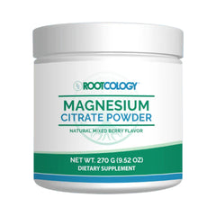 Rootcology magnesium citrate powder bottle highlights daily relaxation support.