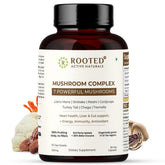ROOTED Active Mushroom Complex bottle label showing seven-mushroom blend for wellness