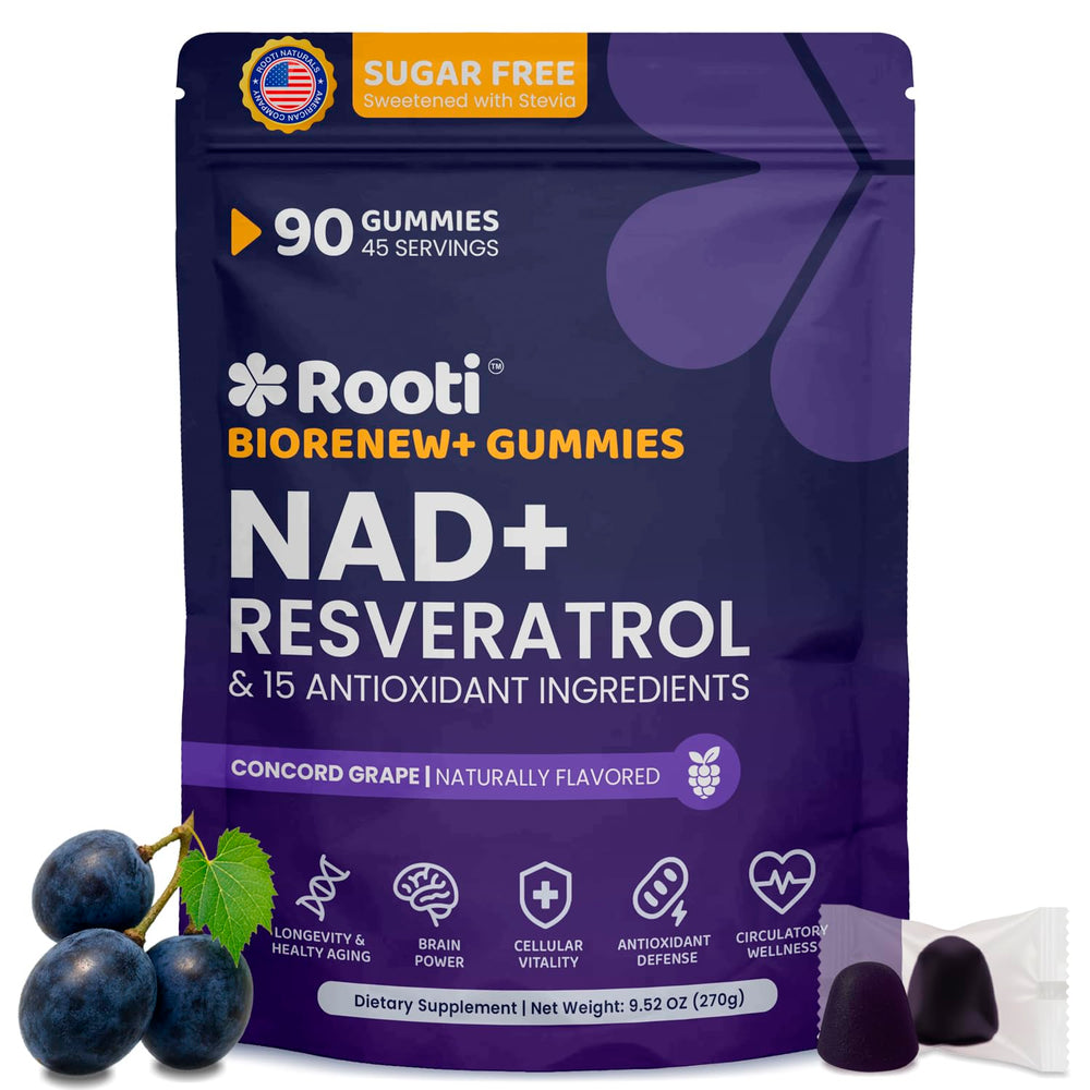 ROOTI NAD+ Plus bottle showing the complete wellness blend for daily energy and balance