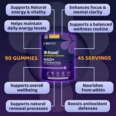 ROOTI NAD+ Plus gummies pack highlighting convenient, on-the-go nutrition