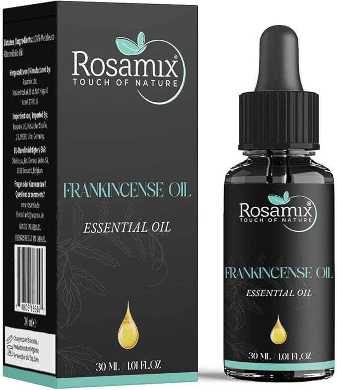 Rosamix Frankincense oil bottle for calming aromatherapy and easy use.