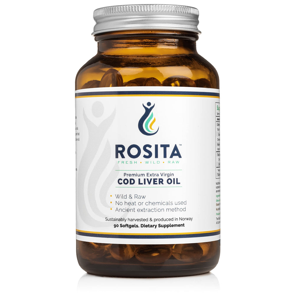 Rosita Real Foods cod liver oil softgels packaging highlighting omega nutrients for daily support.