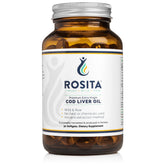 Rosita Real Foods cod liver oil softgels packaging highlighting omega nutrients for daily support.