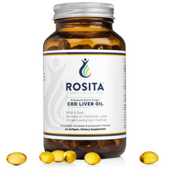 Rosita cod liver oil softgels with EPA and DHA benefits.