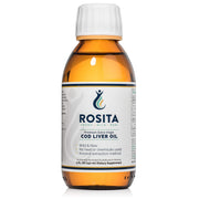 Rosita Real Foods cod liver oil liquid bottle pour highlighting purity and omega-rich benefits