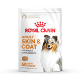 Royal Canin Skin & Coat soft chews bottle promotes a glossy coat and hydrated skin