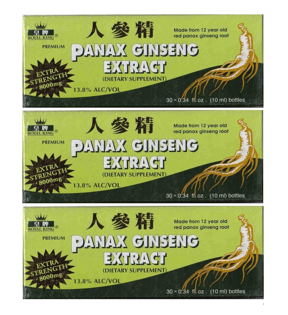 Royal King Panax Ginseng extract bottle with clear label, suggesting premium energy support.