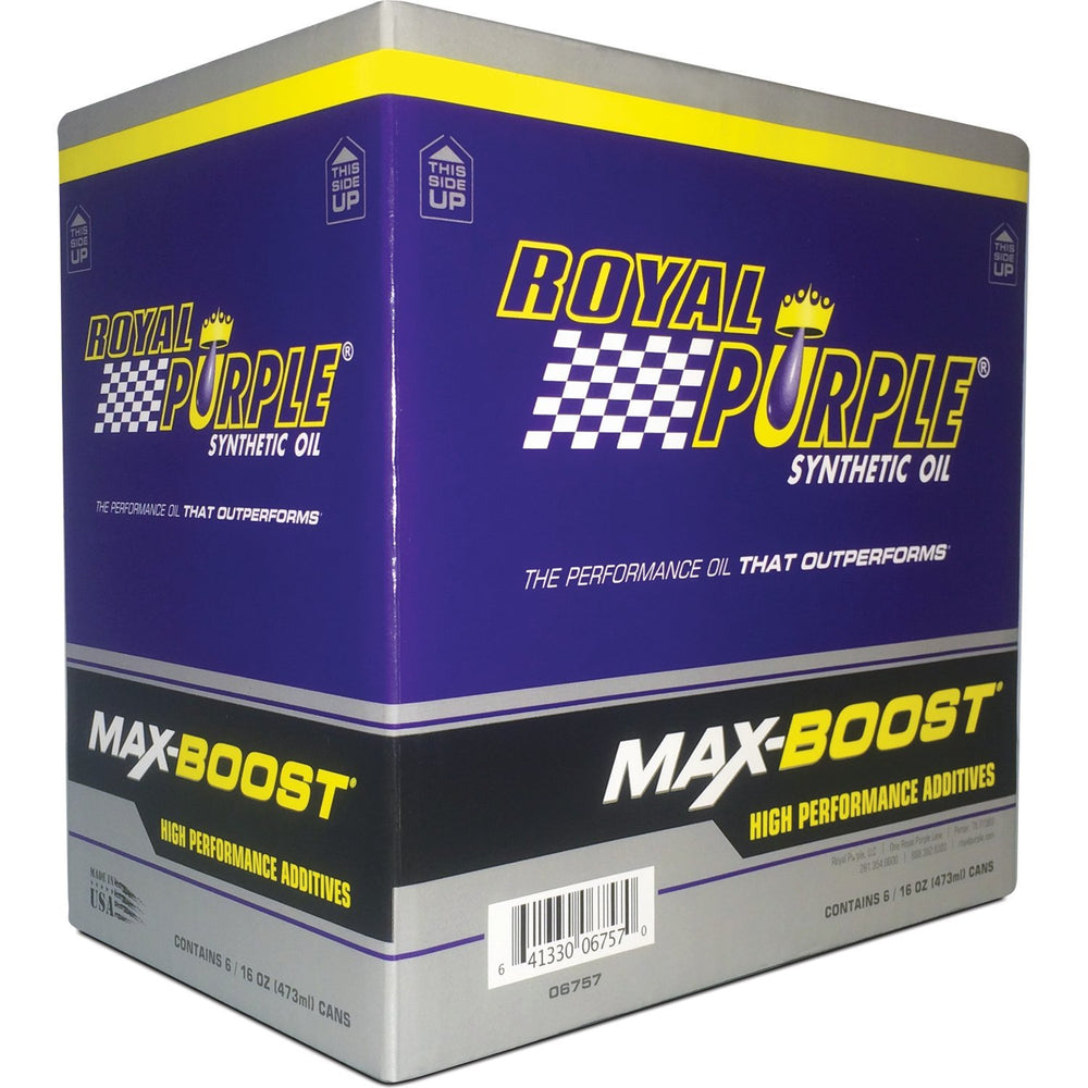 Royal Purple Max Boost bottle in a six-pack; supports engine protection and performance.