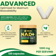 RRTFV NAD+ label-detail showcases supplement facts and Resveratrol/CoQ10 synergy for wellness.