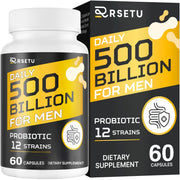 RSETU men's probiotic 500B CFU bottle promotes gut balance.