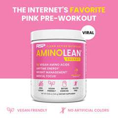 Pink lemonade powder in a glass highlighting the sugar-free pre-workout option