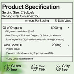 RTQSU oregano oil and black seed oil capsules arranged for digestive balance.