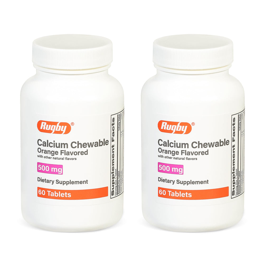 Rugby Laboratories calcium chewable orange bottle; convenient daily supplement.