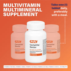 Certavite Senior tablet close-up showing essential vitamins for mature adults.